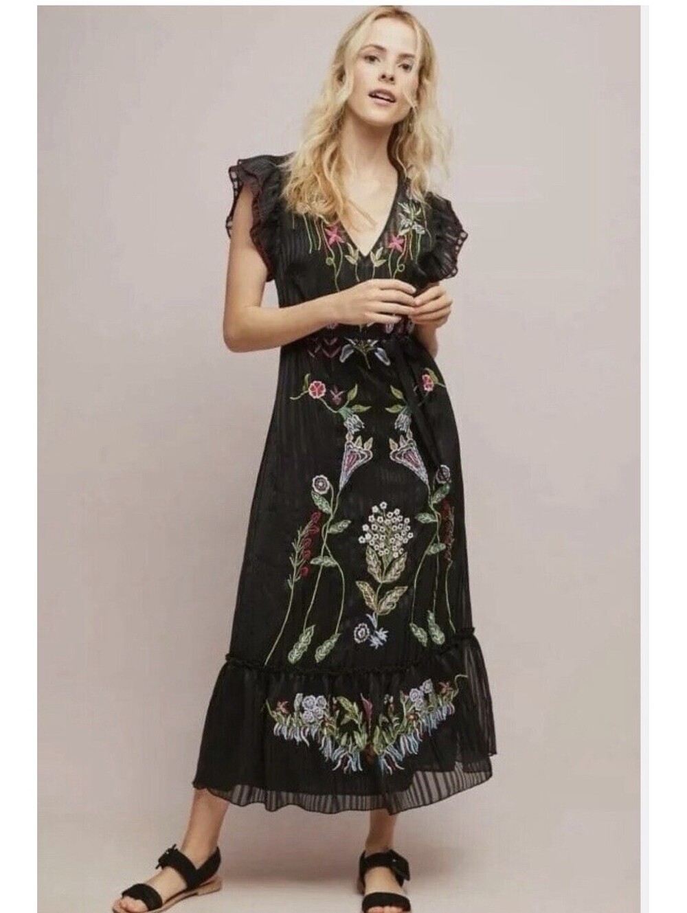 Anthropologie Black Dress Dark Floral Sheer Beaded Size 6 Boho Fairy 2 Pc Ruffle